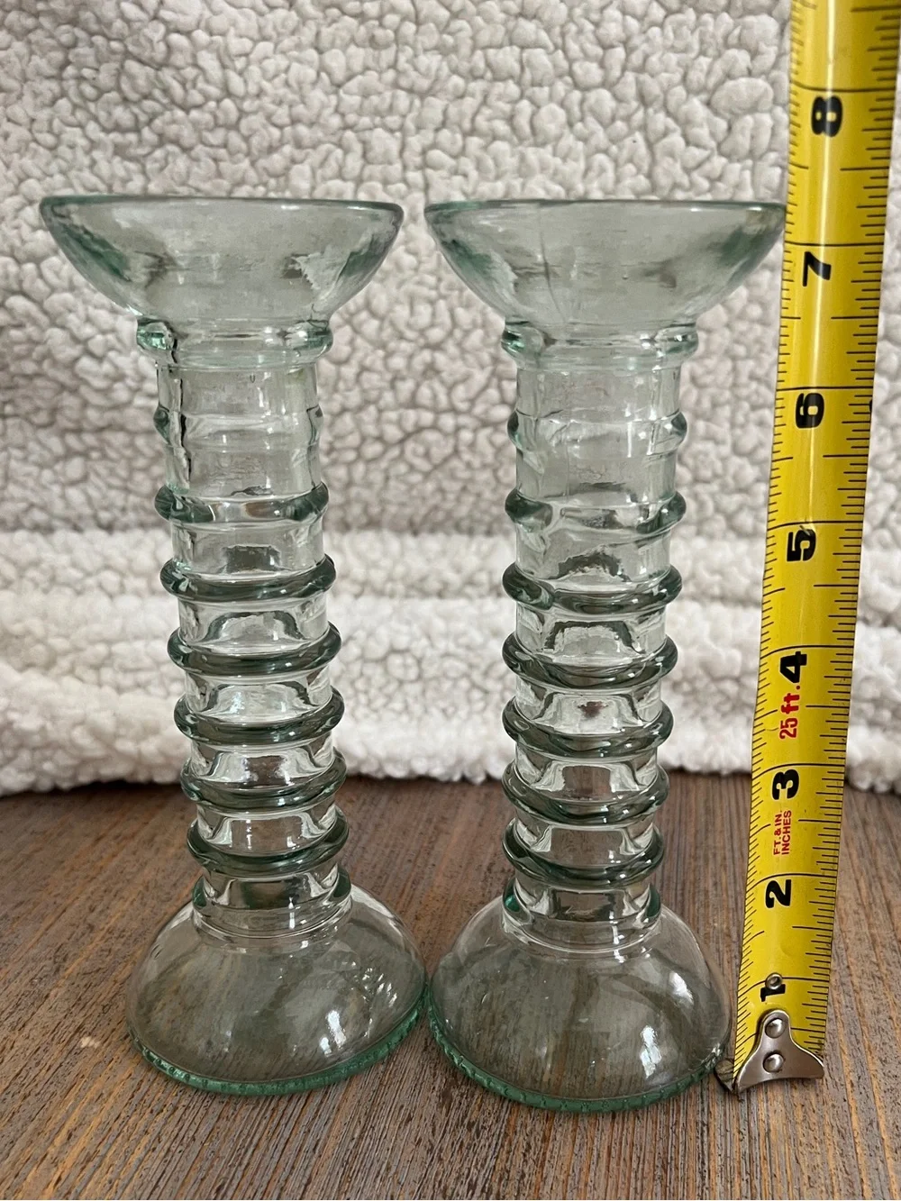 Set 2 Recycled Glass Ribbed Candlestick Holders Green/Blue Aqua 7.25”